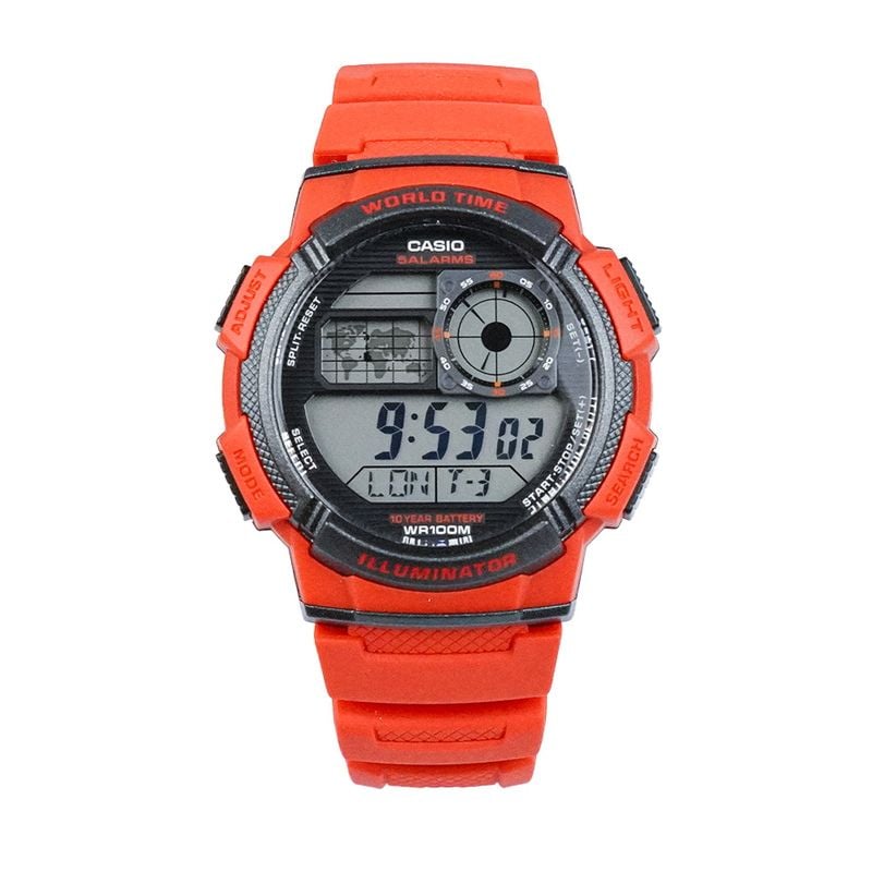 Casio AE-1000W-4AVDF Digital Watch – World Time, 10-Year Battery, Red Sport Style - THE HAPPY BUY