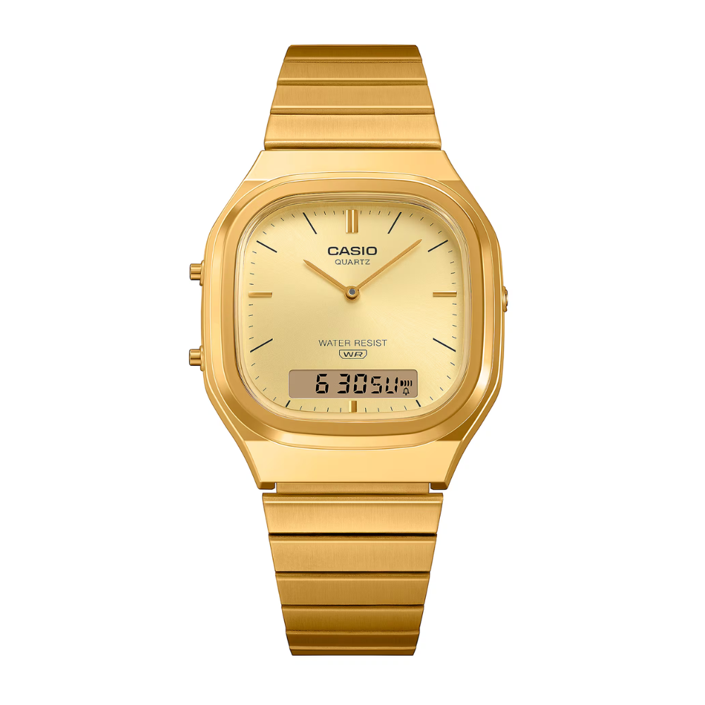 Casio AQ-240EG-9ADF Vintage Unisex Gold Analog-Digital Watch with Dual Time & Stainless Steel Band - THE HAPPY BUY
