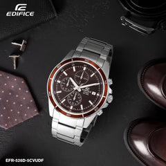CASIO EDIFICE EFR-526D-5CVUDF Chronograph Watch for Men with Stainless Steel Band and Red Brown Dial Silver