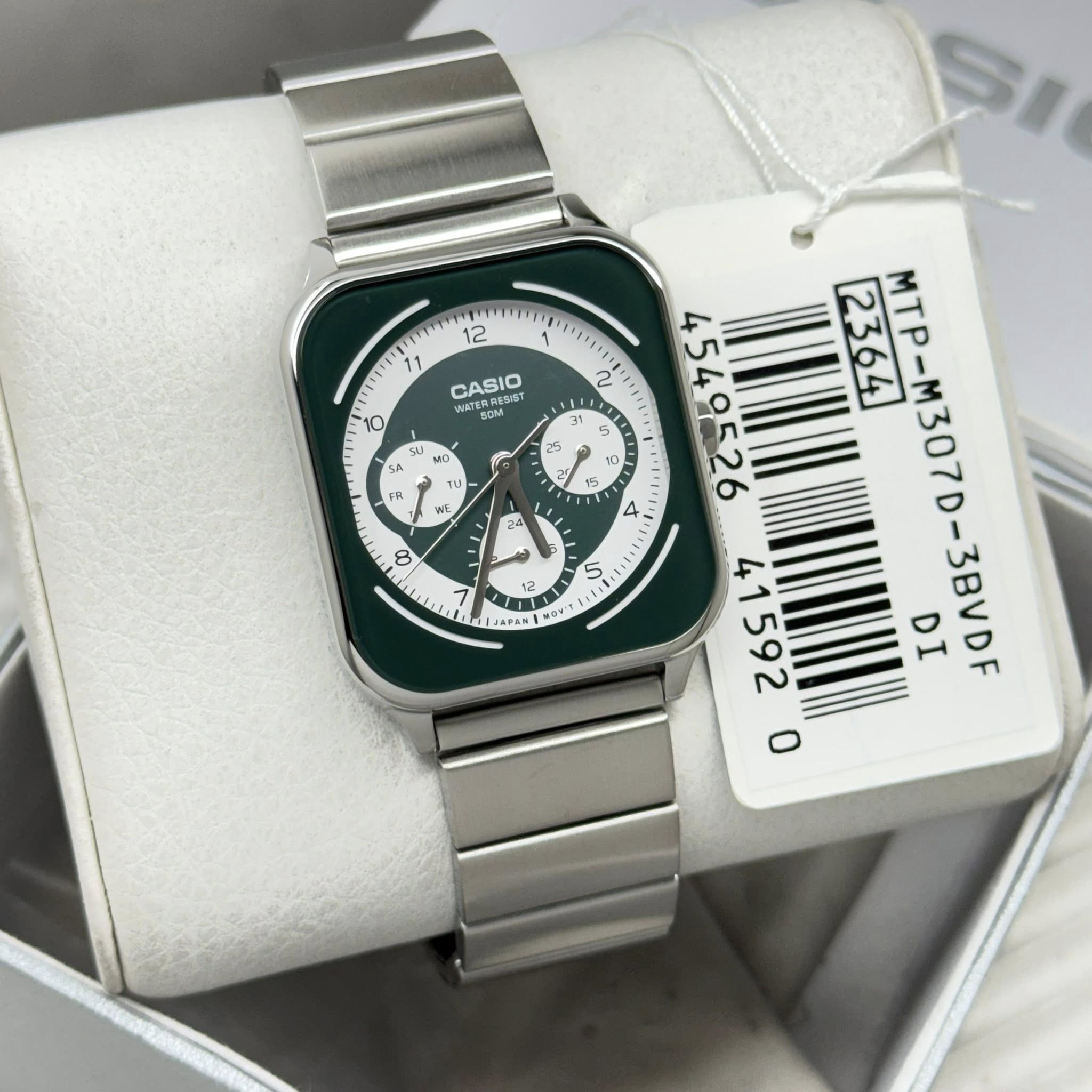 Casio MTP-M307D-3BVDF Men’s Analog Stainless Steel Watch – Green/White Dial, Day-Date & 24-Hour Subdials, 50M Water Resistant