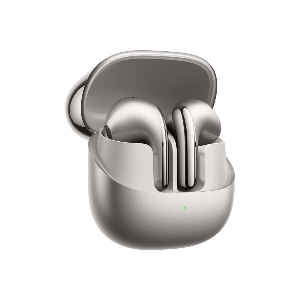 Silver wireless earbuds with charging case on a white background