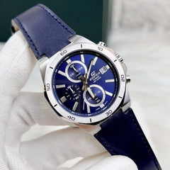CASIO EDIFICE EFV-640L-2AVUDF Chronograph Watch for Men with Genuine Leather Band and Blue Dial Silver