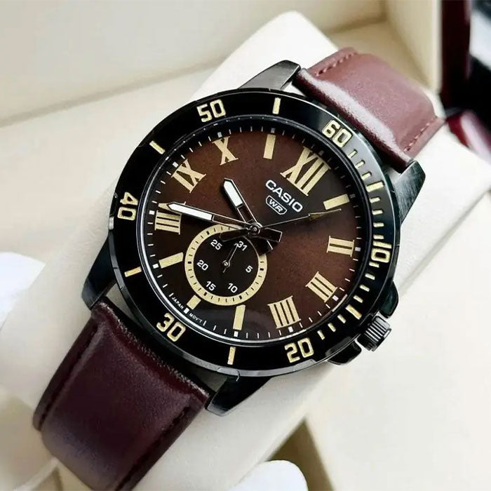 CASIO MTP-VD200BL-5BUDF Standard Analog Men’s Watch – Brown Dial, Black Stainless Steel Case, Leather Band, Date Display, Quartz Movement, 50M Water Resistance, Mineral Glass – Men’s Classic Casual Watch