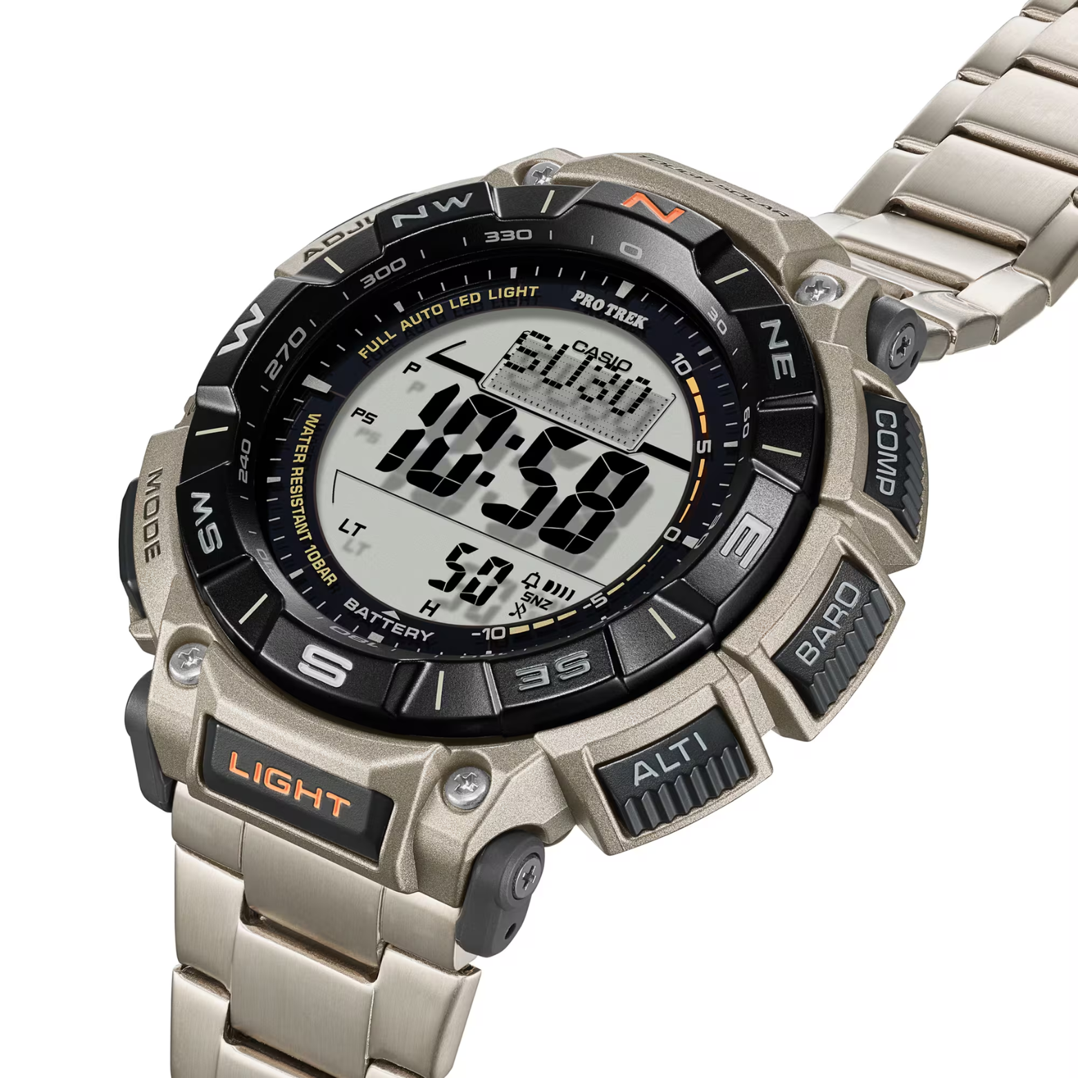 Casio Pro Trek PRG-340T-7DR Men's Solar Outdoor Watch, Triple Sensor (Altimeter, Barometer, Compass), Titanium Band, Tough Solar Power, 100M Water Resistant