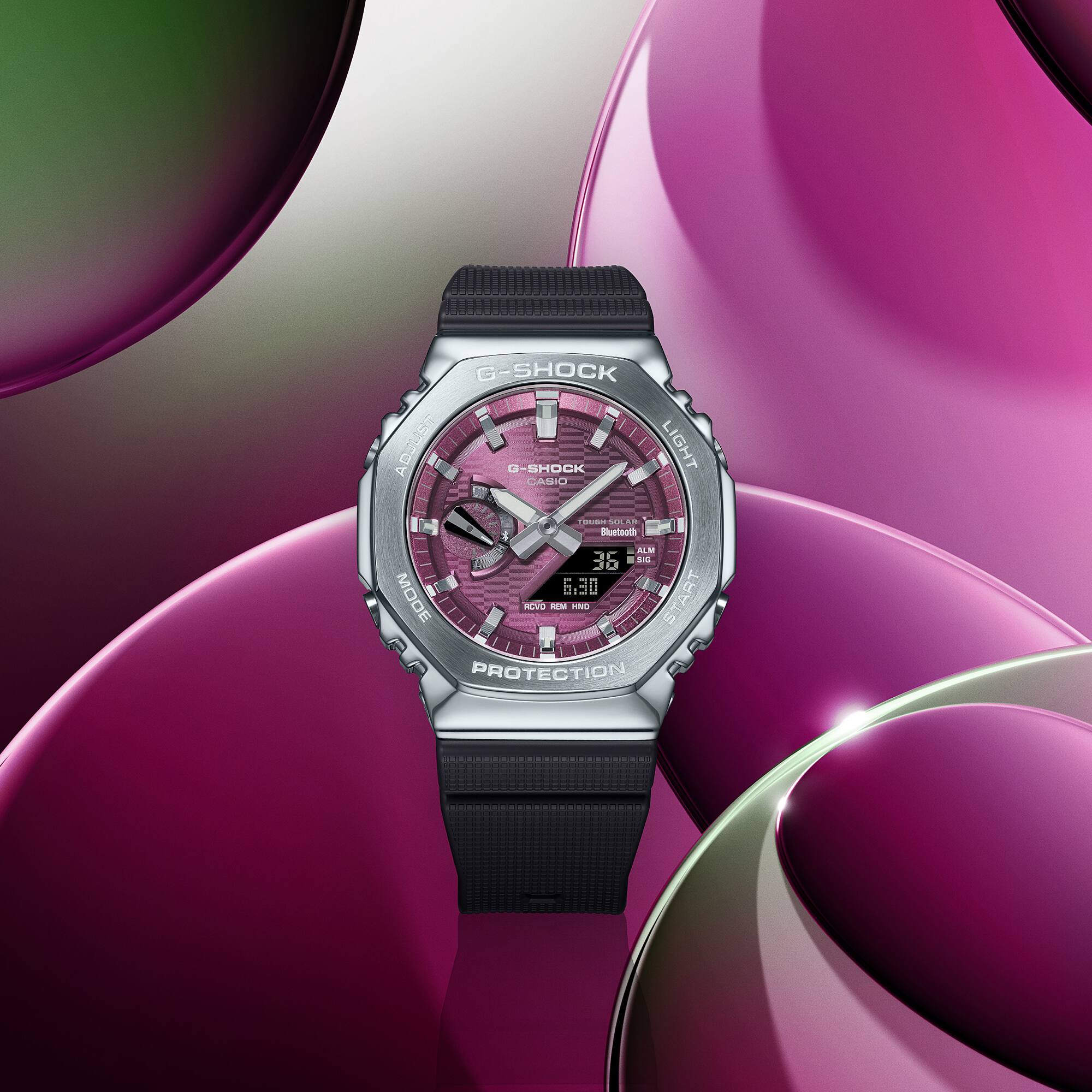 Casio G-SHOCK GBM-2100A-4B Men’s Analog-Digital Metal Covered Burgundy Dial Watch, Bluetooth, Tough Solar, 200M Water Resistant