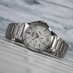 CASIO MTP-V300D-7AUDF Standard Analog Men’s Watch – White Dial, Stainless Steel Case & Band, Multi-Hand Chronograph Design, Quartz Movement, 50M Water Resistance, Mineral Glass – Men’s Classic Business Watch