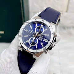 CASIO EDIFICE EFV-640L-2AVUDF Chronograph Watch for Men with Genuine Leather Band and Blue Dial Silver