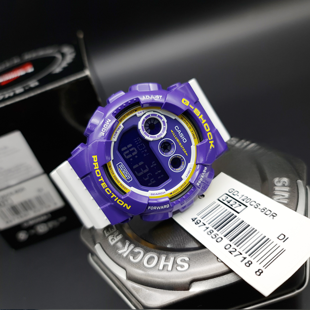 CASIO G-SHOCK GD-120CS-6DR Men's Digital Watch – Shock Resistant, 200M Water Resistant, LED Super Illuminator, Limited Edition White & Purple