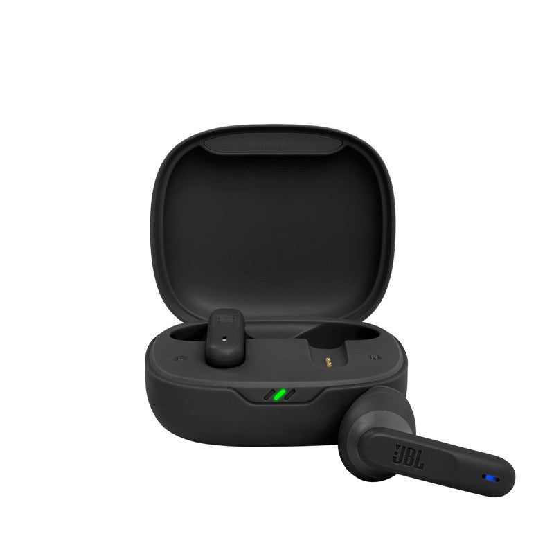 Black wireless earbuds with charging case on a white background