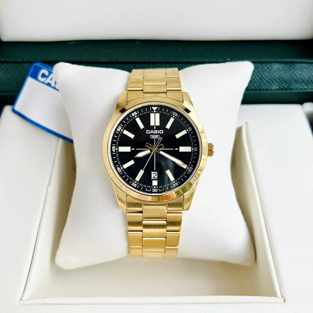 CASIO MTP-VD02G-1EUDF Standard Analog Men’s Watch – Black Dial, Gold Stainless Steel Case & Band, Date Display, Quartz Movement, 50M Water Resistance, Mineral Glass – Men’s Luxury Business Watch