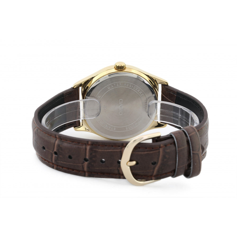 CASIO MTP-V006GL-7BUDF Standard Analog Men’s Watch – White Dial, Gold Stainless Steel Case, Brown Leather Band, Roman Numeral Markers, Date Display, Quartz Movement, 30M Water Resistance – Men’s Classic Dress Watch