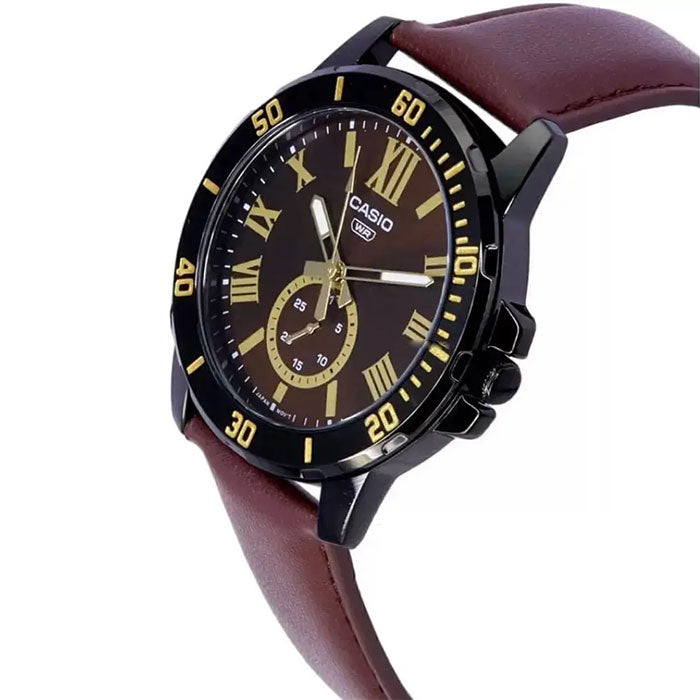 CASIO MTP-VD200BL-5BUDF Standard Analog Men’s Watch – Brown Dial, Black Stainless Steel Case, Leather Band, Date Display, Quartz Movement, 50M Water Resistance, Mineral Glass – Men’s Classic Casual Watch