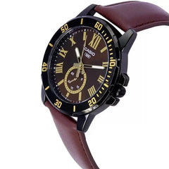 CASIO MTP-VD200BL-5BUDF Standard Analog Men’s Watch – Brown Dial, Black Stainless Steel Case, Leather Band, Date Display, Quartz Movement, 50M Water Resistance, Mineral Glass – Men’s Classic Casual Watch