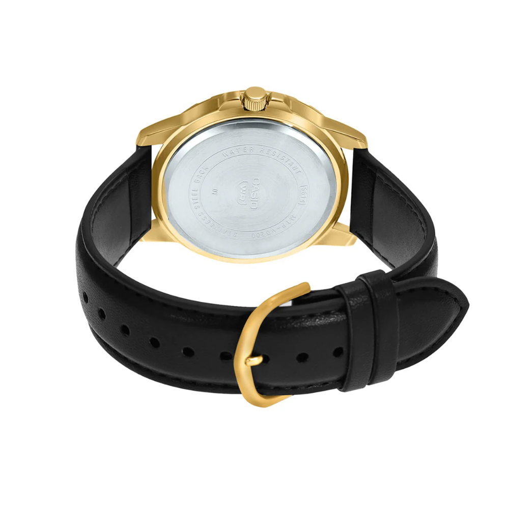 CASIO MTP-VD200GL-1BUDF Standard Analog Men’s Watch – Black Dial, Gold Stainless Steel Case, Brown Leather Band, Date Display, Quartz Movement, 50M Water Resistance, Mineral Glass – Men’s Classic Business Watch