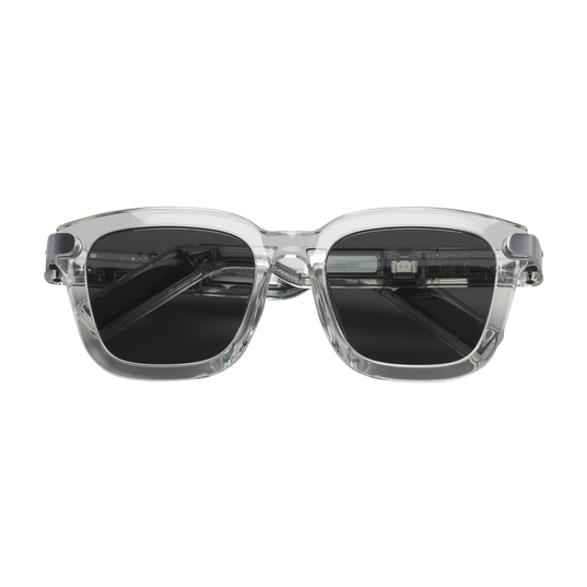 Clear frame sunglasses with dark lenses on a white background