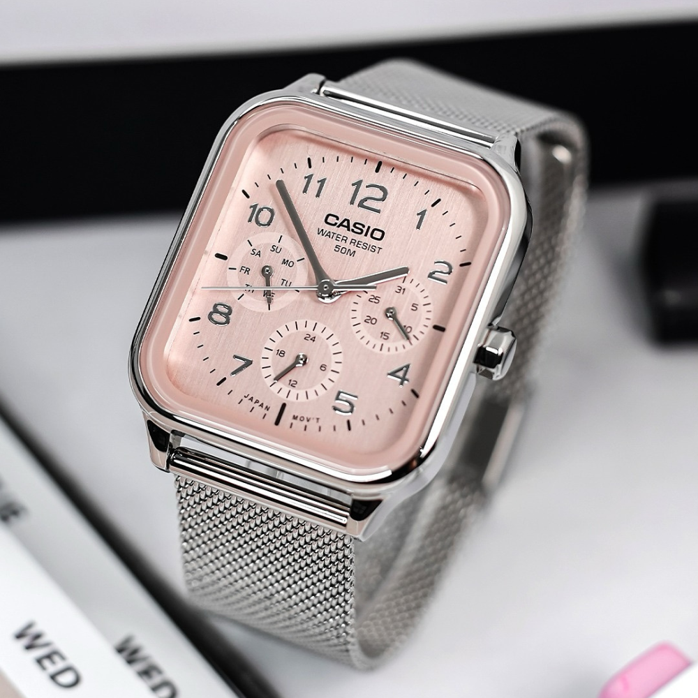 Casio MTP-M306M-4AVDF Men’s Analog Stainless Steel Mesh Watch – Pink Dial, Day-Date & 24-Hour Subdials, 50M Water Resistant