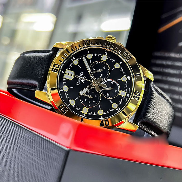 CASIO MTP-VD300GL-1EUDF Standard Analog Men’s Watch – Black Dial, Gold Stainless Steel Case, Brown Leather Band, Day & Date Display, Quartz Movement, 50M Water Resistance – Men’s Luxury Business Watch