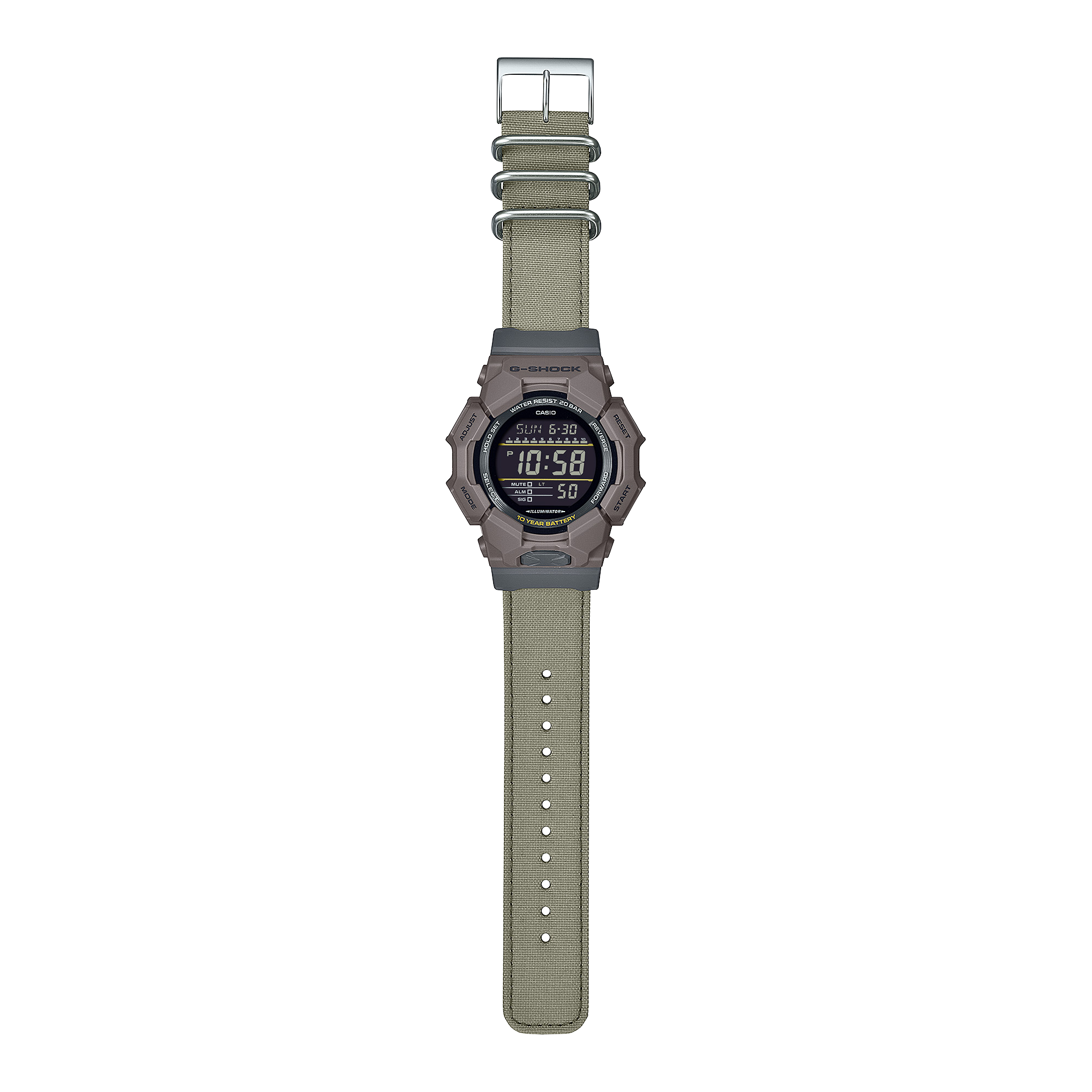Casio G-SHOCK Digital Men’s Watch, 10-Year Battery, Shock Resistant, 200m Water Resistant, Brown Cloth Band, GD-010CE-5DR