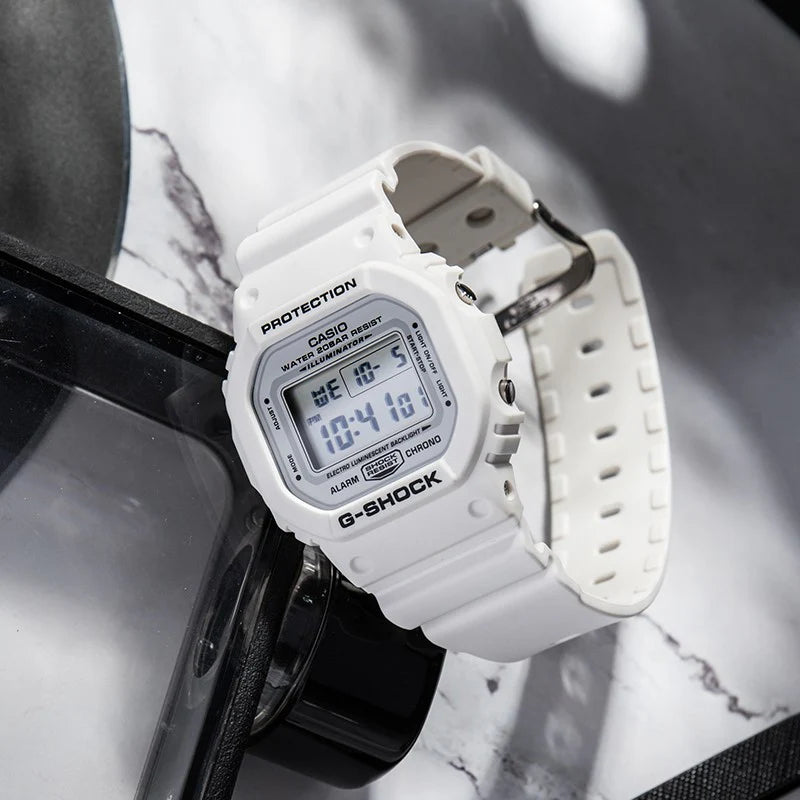 Casio G-SHOCK DW-5600MW-7DR Digital Watch for Men | Shock Resistant | 200M Water Resistant | LED Backlight | Multi-Function Alarm | White Resin Strap