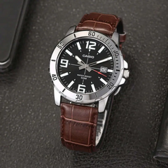 CASIO MTP-VD01L-1BVUDF Standard Analog Men’s Watch – Black Dial, Stainless Steel Case, Genuine Leather Band, Date Display, Quartz Movement, 50M Water Resistance, Mineral Glass – Men’s Classic Casual Watch