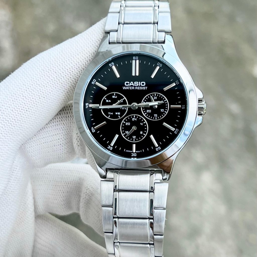 CASIO MTP-V300D-1A2UDF Standard Analog Men’s Watch – Black Dial with Blue Accents, Stainless Steel Case & Band, Multi-Hand Chronograph Design, Quartz Movement, 50M Water Resistance, Mineral Glass – Men’s Modern Classic Watch
