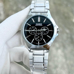 CASIO MTP-V300D-1A2UDF Standard Analog Men’s Watch – Black Dial with Blue Accents, Stainless Steel Case & Band, Multi-Hand Chronograph Design, Quartz Movement, 50M Water Resistance, Mineral Glass – Men’s Modern Classic Watch