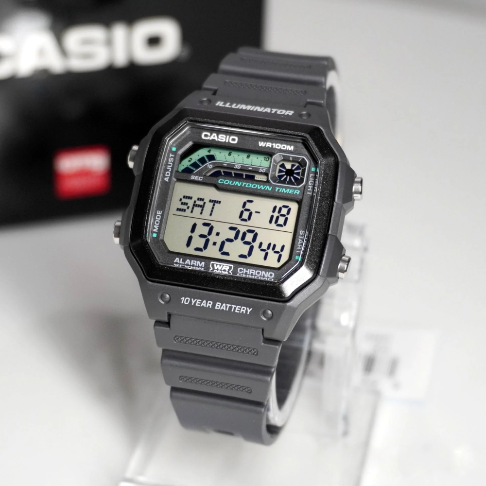 CASIO WS-1600H Series Standard Digital Watch – 10-Year Battery, Dual Time, LED Backlight, Stopwatch, Countdown Timer, 100M Water Resistant, Full Auto Calendar – Men’s Sports Outdoor Watch