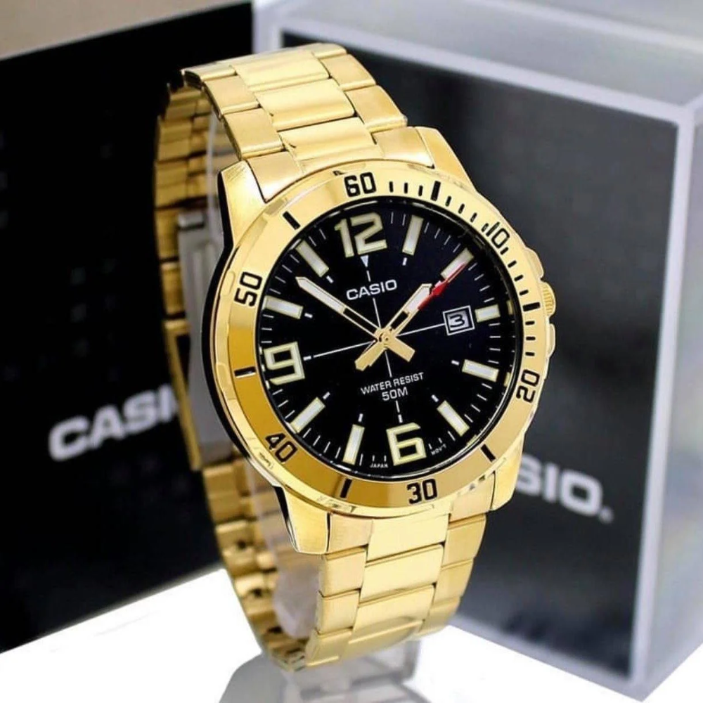 CASIO MTP-VD01G Series Standard Analog Men’s Watch – Gold Stainless Steel Case & Band, Black Dial, Date Display, Quartz Movement, 50M Water Resistance, Mineral Glass – Men’s Luxury Classic Watch