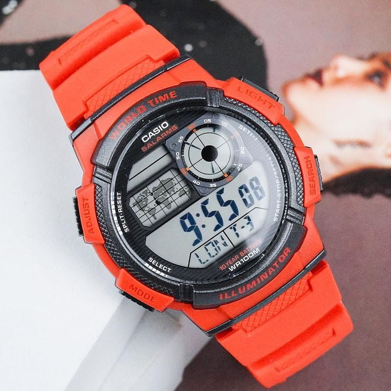 Casio AE-1000W-4AVDF Digital Watch – World Time, 10-Year Battery, Red Sport Style - THE HAPPY BUY