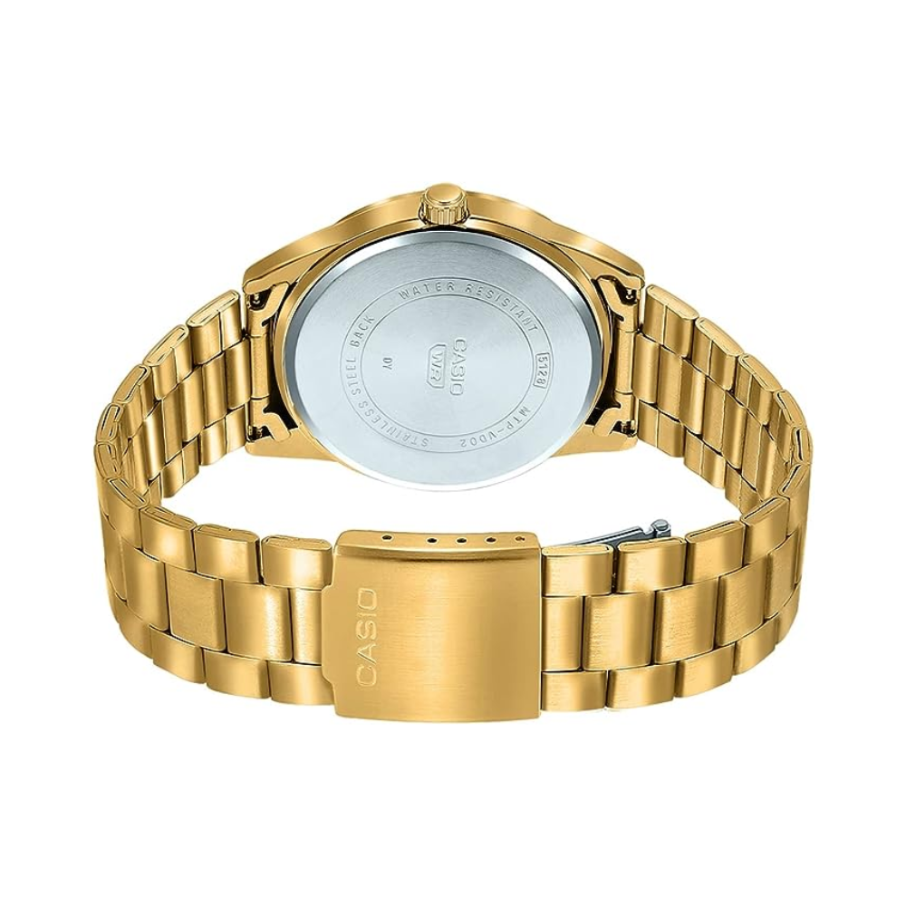 CASIO MTP-VD02G-1EUDF Standard Analog Men’s Watch – Black Dial, Gold Stainless Steel Case & Band, Date Display, Quartz Movement, 50M Water Resistance, Mineral Glass – Men’s Luxury Business Watch