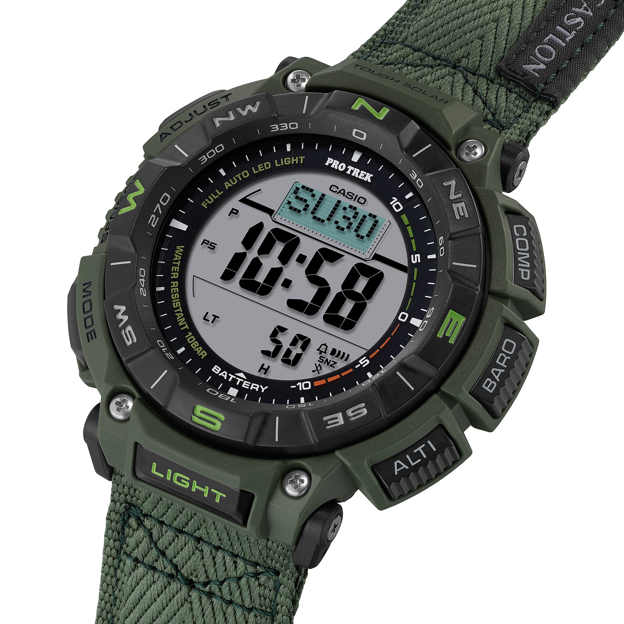 CASIO PROTREK PRG-340B-3DR Solar Powered Men’s Watch, Triple Sensor, 200M Water Resistant, Green Resin Strap