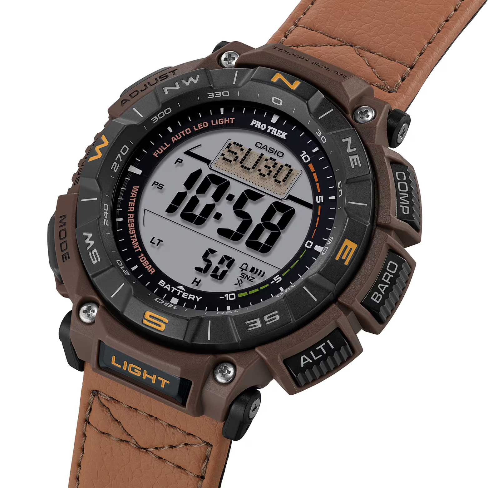 CASIO PROTREK PRG-340L-5DR Solar Powered Men’s Watch, Triple Sensor, 200M Water Resistant, Brown Leather Strap