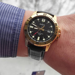 CASIO MTP-VD01GL-1EVUDF Standard Analog Men’s Watch – Black Dial, Gold Stainless Steel Case, Brown Leather Band, Date Display, Quartz Movement, 50M Water Resistance, Mineral Glass – Men’s Classic Business Watch