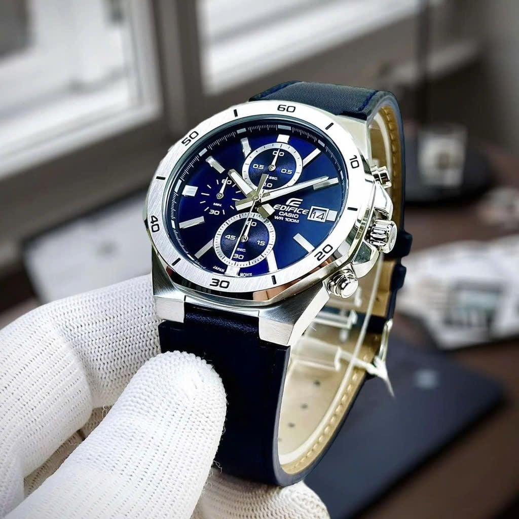 CASIO EDIFICE EFV-640L-2AVUDF Chronograph Watch for Men with Genuine Leather Band and Blue Dial Silver
