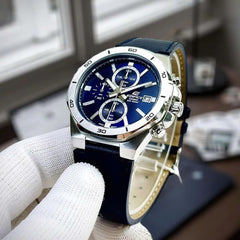 CASIO EDIFICE EFV-640L-2AVUDF Chronograph Watch for Men with Genuine Leather Band and Blue Dial Silver