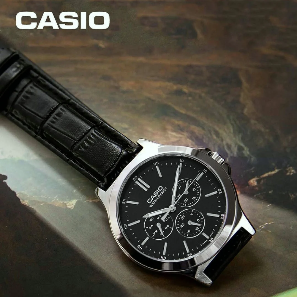 CASIO MTP-V300L Series Standard Analog Men’s Watch – Stainless Steel Case, Genuine Leather Band, Multi-Hand Chronograph Design, Quartz Movement, 50M Water Resistance, Mineral Glass – Men’s Classic Business Watch