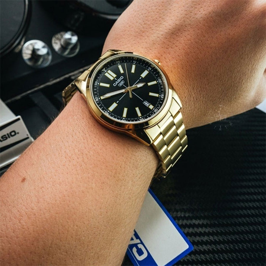 CASIO MTP-VD02G-1EUDF Standard Analog Men’s Watch – Black Dial, Gold Stainless Steel Case & Band, Date Display, Quartz Movement, 50M Water Resistance, Mineral Glass – Men’s Luxury Business Watch