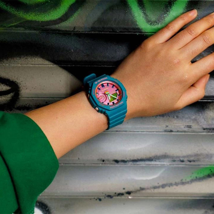 CASIO G‑SHOCK GMA‑S2100BS‑3ADR Women’s Analog‑Digital Watch – Translucent Green Resin, Slim Octagonal Case, Carbon Core Guard, 200 M Water Resistant
