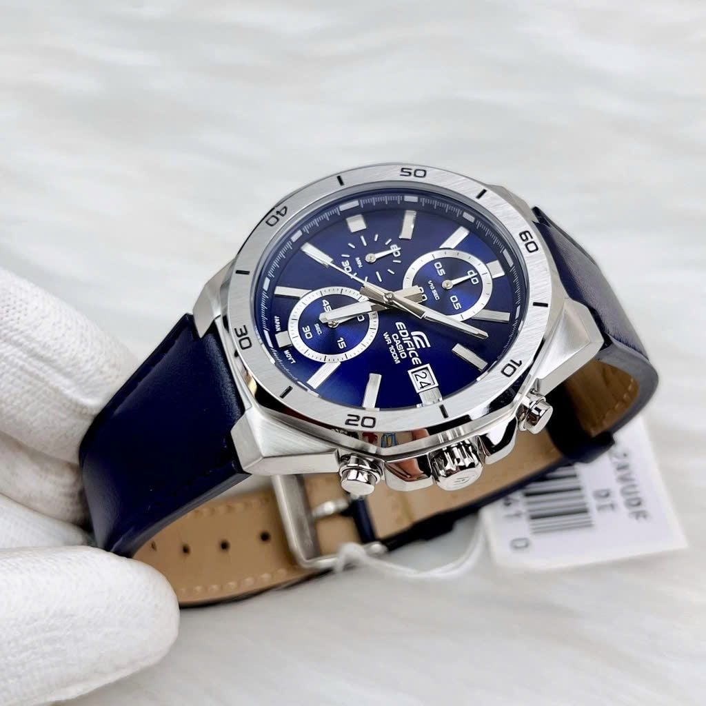 CASIO EDIFICE EFV-640L-2AVUDF Chronograph Watch for Men with Genuine Leather Band and Blue Dial Silver