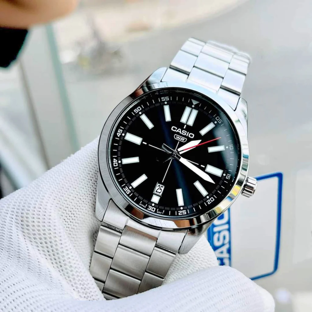 CASIO MTP-VD02D Series Standard Analog Men’s Watch – Stainless Steel Case & Band, Date Display, Quartz Movement, 50M Water Resistance, Mineral Glass – Men’s Classic Business Watch