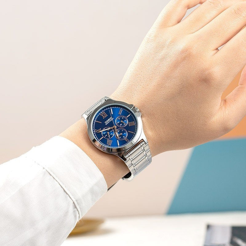 CASIO MTP-V300D-2AUDF Standard Analog Men’s Watch – Blue Dial, Stainless Steel Case & Band, Multi-Hand Chronograph Design, Quartz Movement, 50M Water Resistance, Mineral Glass – Men’s Classic Business Watch