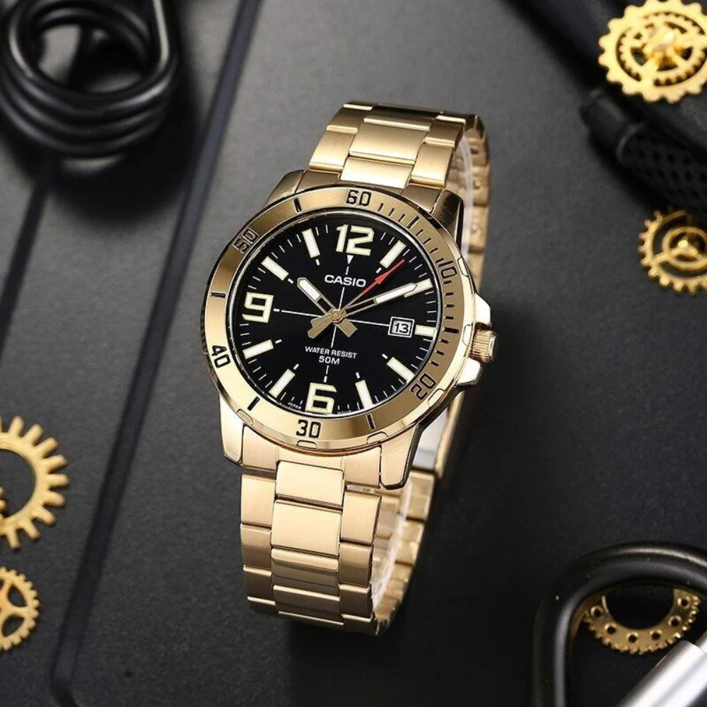 CASIO MTP-VD01G Series Standard Analog Men’s Watch – Gold Stainless Steel Case & Band, Black Dial, Date Display, Quartz Movement, 50M Water Resistance, Mineral Glass – Men’s Luxury Classic Watch