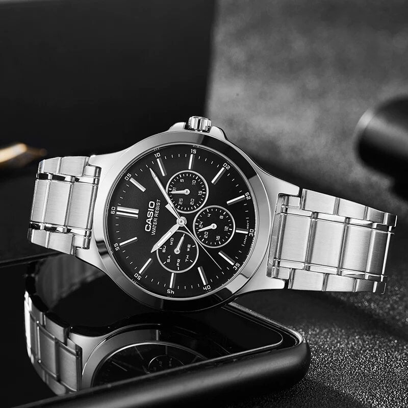 CASIO MTP-V300D-1A2UDF Standard Analog Men’s Watch – Black Dial with Blue Accents, Stainless Steel Case & Band, Multi-Hand Chronograph Design, Quartz Movement, 50M Water Resistance, Mineral Glass – Men’s Modern Classic Watch