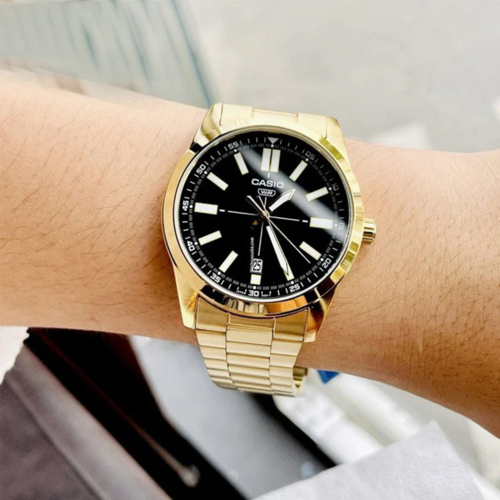 CASIO MTP-VD02G-1EUDF Standard Analog Men’s Watch – Black Dial, Gold Stainless Steel Case & Band, Date Display, Quartz Movement, 50M Water Resistance, Mineral Glass – Men’s Luxury Business Watch