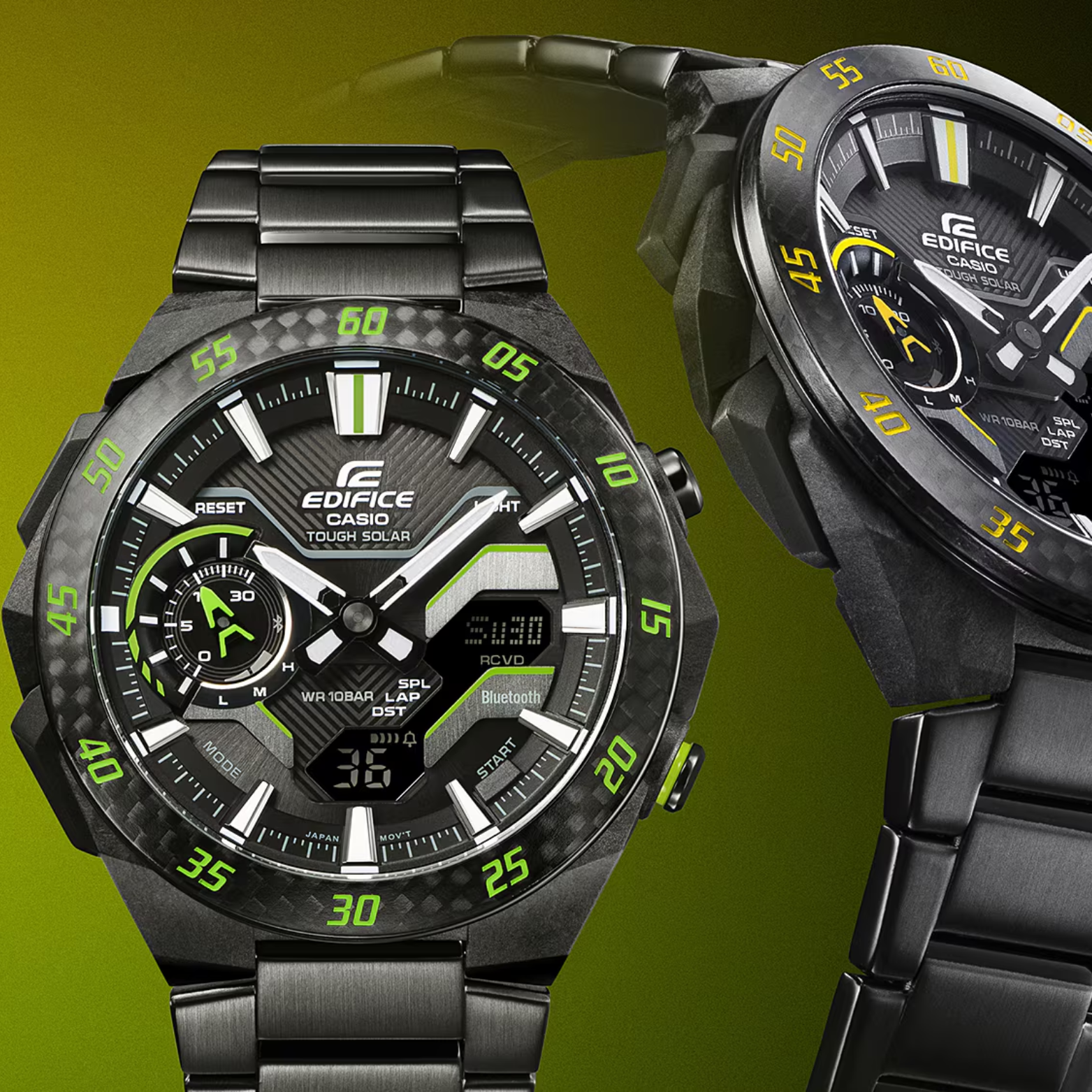 CASIO EDIFICE ECB-2200RC-1A3DF Solar Powered Bluetooth Chronograph Watch for Men with Carbon Bezel and Stainless Steel Band Black/Green