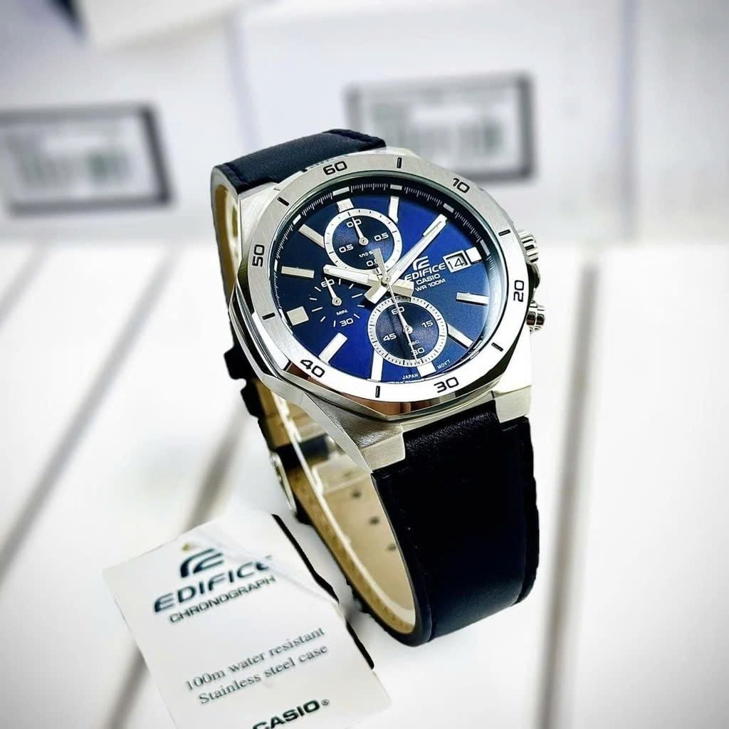 CASIO EDIFICE EFV-640L-2AVUDF Chronograph Watch for Men with Genuine Leather Band and Blue Dial Silver