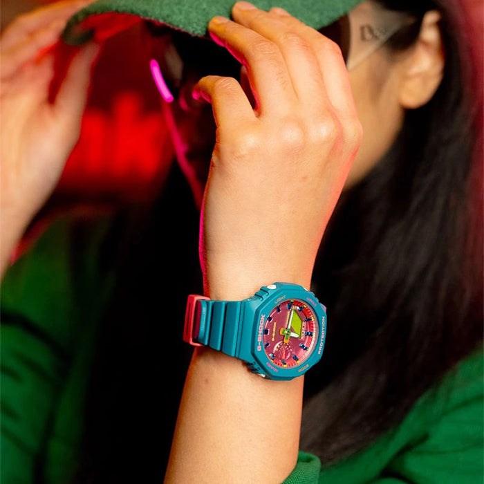 CASIO G‑SHOCK GMA‑S2100BS‑3ADR Women’s Analog‑Digital Watch – Translucent Green Resin, Slim Octagonal Case, Carbon Core Guard, 200 M Water Resistant