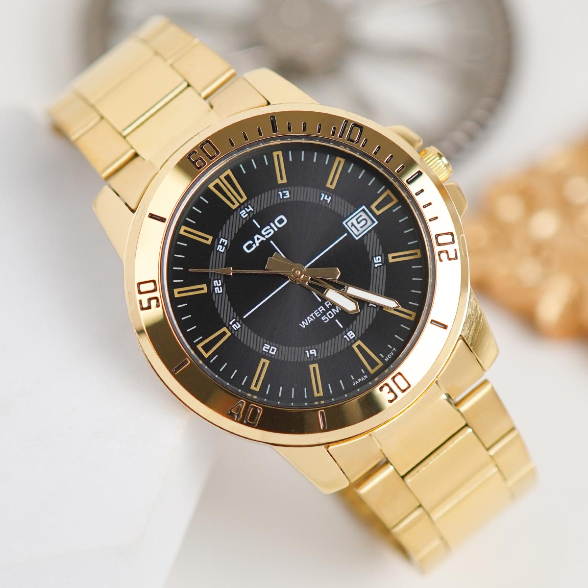 CASIO MTP-VD01G Series Standard Analog Men’s Watch – Gold Stainless Steel Case & Band, Black Dial, Date Display, Quartz Movement, 50M Water Resistance, Mineral Glass – Men’s Luxury Classic Watch