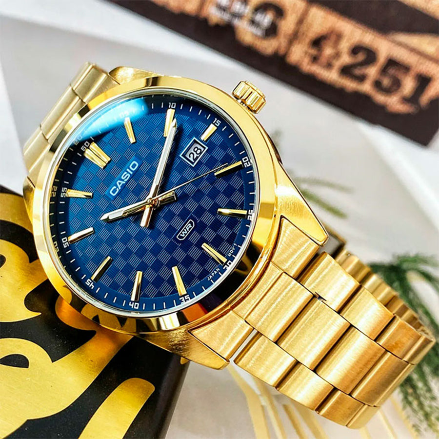 CASIO MTP-VD03G Series Standard Analog Men’s Watch – Gold Stainless Steel Case & Band, Date Display, Quartz Movement, 50M Water Resistance, Mineral Glass – Men’s Luxury Classic Watch