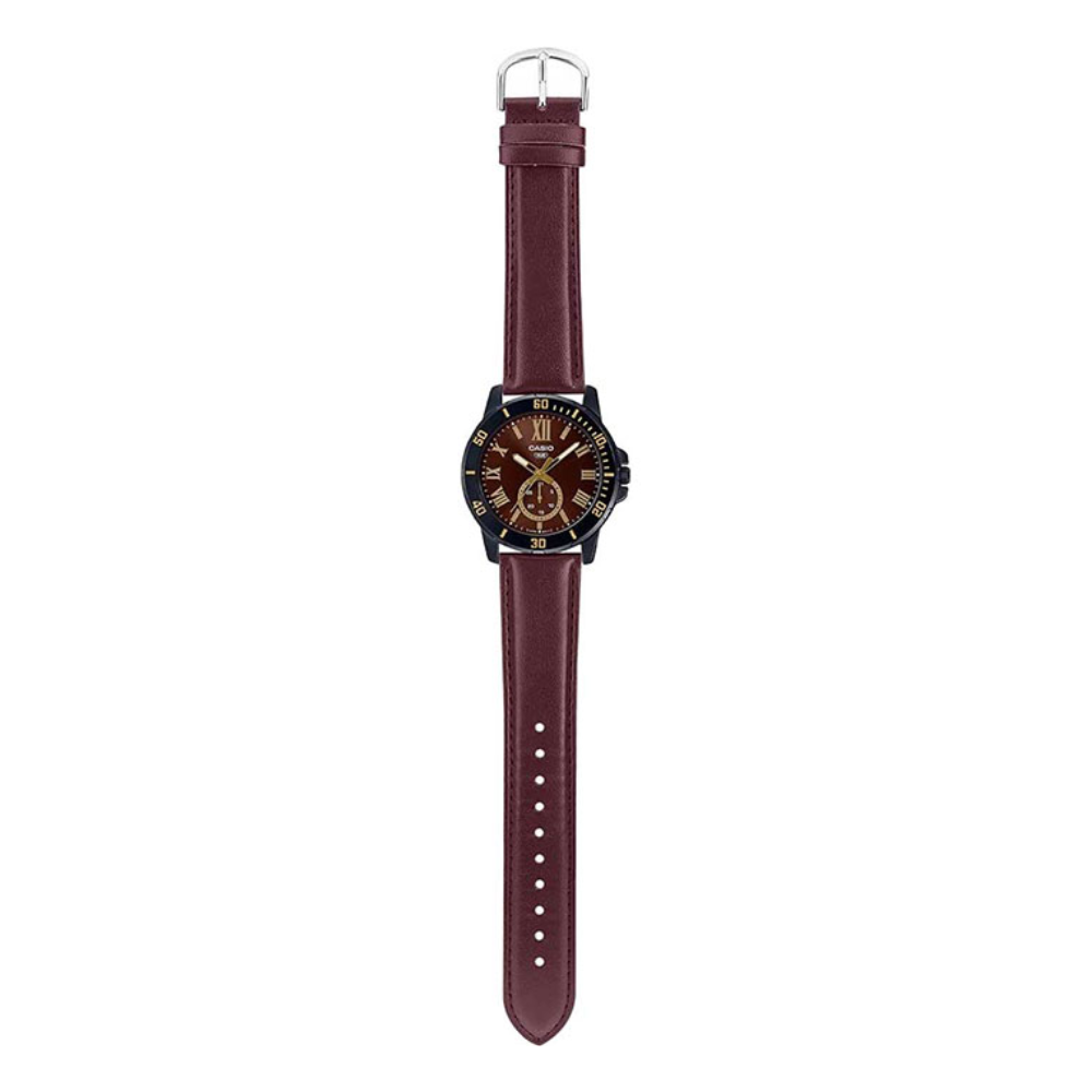 CASIO MTP-VD200BL-5BUDF Standard Analog Men’s Watch – Brown Dial, Black Stainless Steel Case, Leather Band, Date Display, Quartz Movement, 50M Water Resistance, Mineral Glass – Men’s Classic Casual Watch